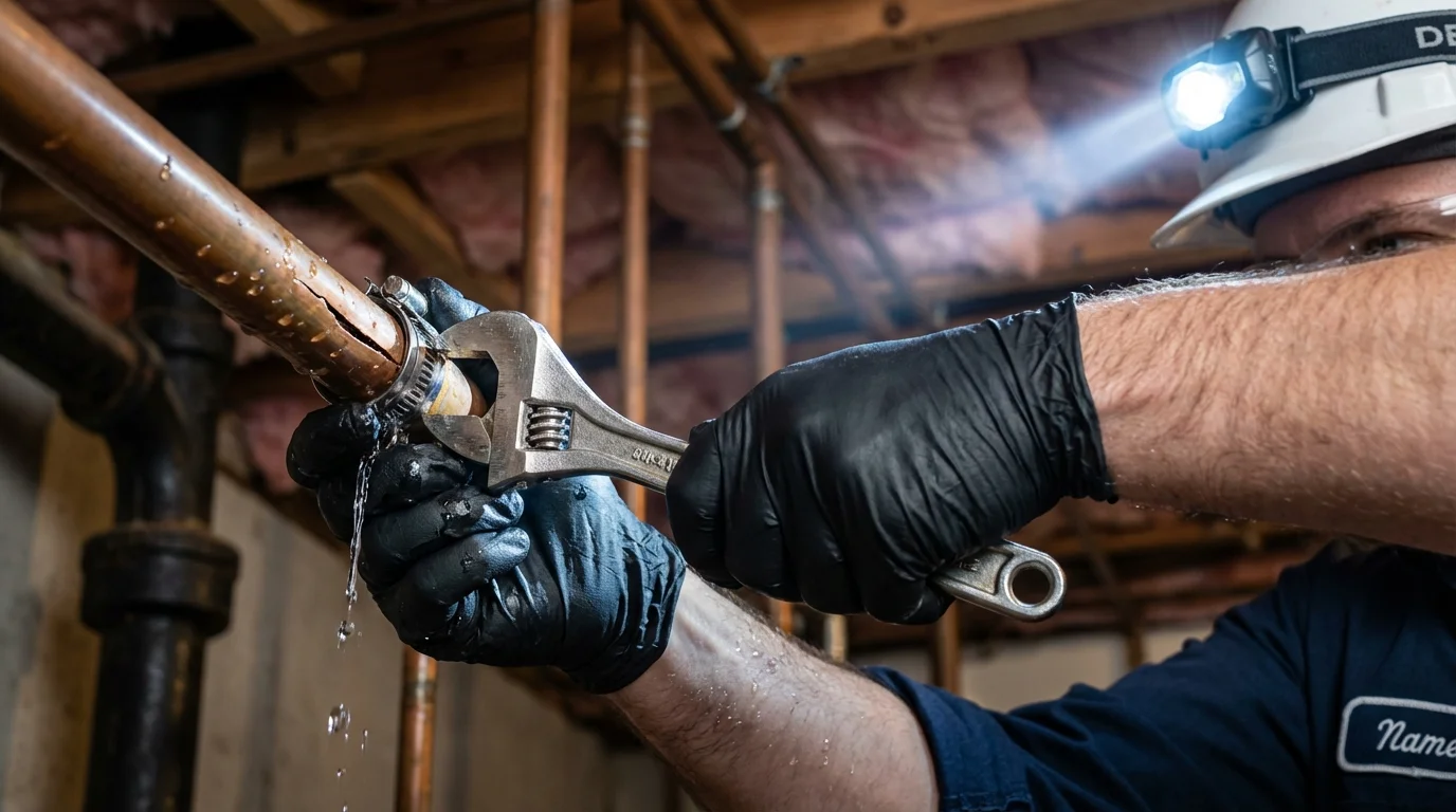 Emergency pipe clamp repair being performed by a Johns Plumbing LLC plumber in Delray Beach